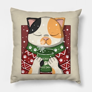 Cute Calico Cat Drinking Coffee On Christmas Pillow