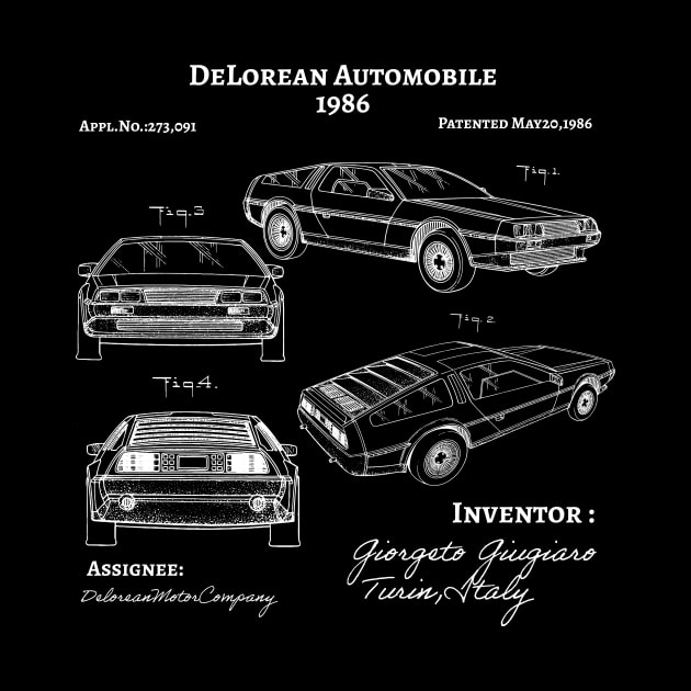 DeLorean Automobile 1986 Patent Poster, DeLorean Car Patent illustration by Anodyle