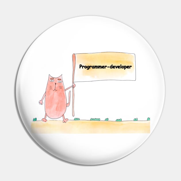 Programmer-developer, profession, work, job. Cat shows a banner with the inscription. Watercolor illustration. A gift for a professional. Pin by grafinya