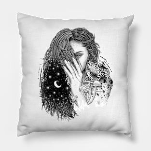 Woman Portrait, Night Sky and Frogs, Mushrooms, Stars Pillow