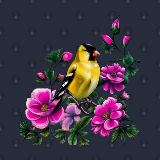 Goldfinch Surrounded By Pink Wild Roses Iowa State Tattoo Art by taiche