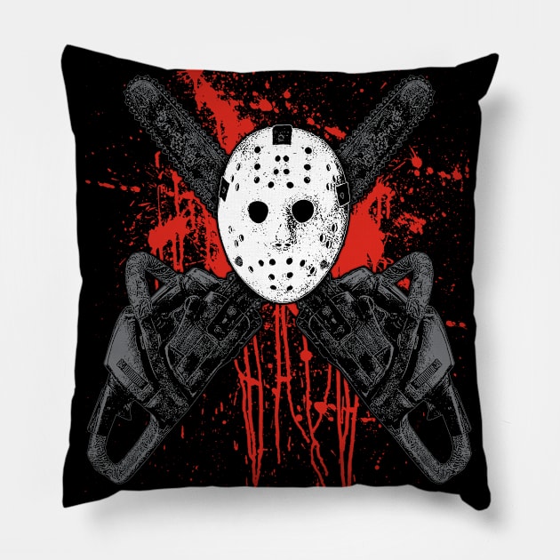 Chainsaw Hockey Mask With Blood Splatters - B Movie Massacre Pillow by DeadMonkeyShop