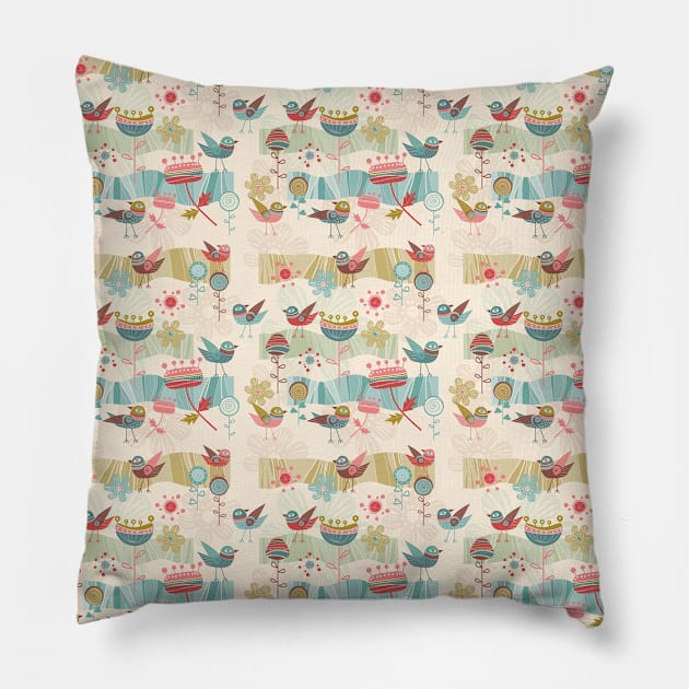 Bird and Flower Pattern Pillow by AnnieWijaya