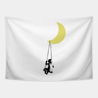 cute toddler boy is swinging under the moon Tapestry