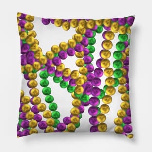 Twisted Mardi Gras bead necklaces in purple, green and gold representing justice, faith and power.  White background. Pillow