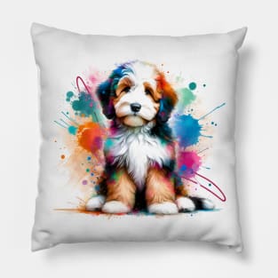 Mini Bernedoodle Captured in Colorful Splash Art Style Pillow