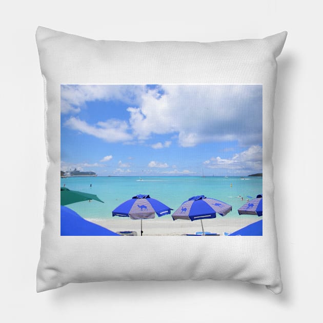 St Thomas Beach View Pillow by PugDronePhotos