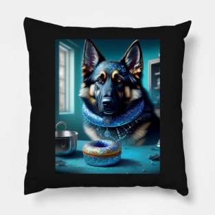 Fierce German Shepherd takes on sweet, sugary donut Pillow