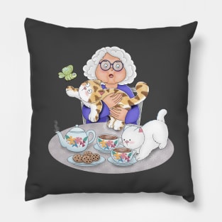 Grandma Having Morning Tea With Cats Pillow