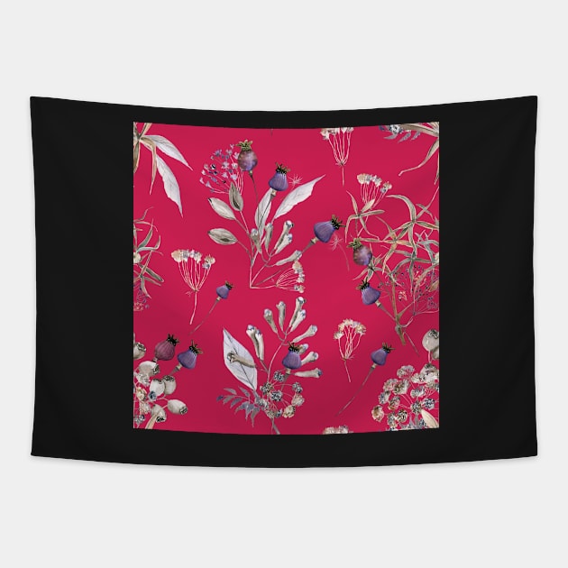 Color of the Year Viva Magenta Vintage Florals Tapestry by DiorelleDesigns