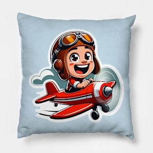 An excited pilot flies a small red airplane. Pillow