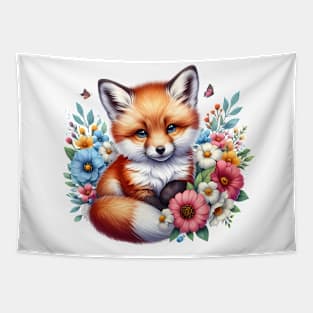 A red fox decorated with beautiful colorful flowers. Tapestry