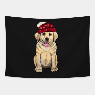 Labrador retriever- festive cute Golden Labrador retriever puppy dog in winter beanie hat Tapestry