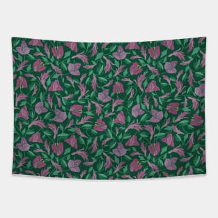 Purple orchid and calla on dark green background Tapestry