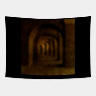 Digital collage, special processing. Path in some castle tunnel. Beautiful. Blur and noise. Tapestry