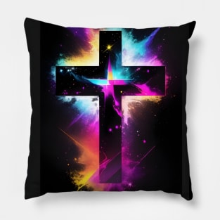 Cross in Neon Nebula Pillow