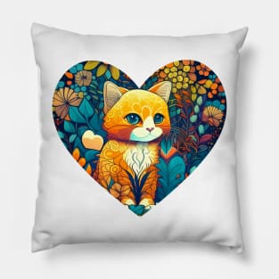 Floral Cat Botanical Plant Flower Cat Lover With Heart Pillow