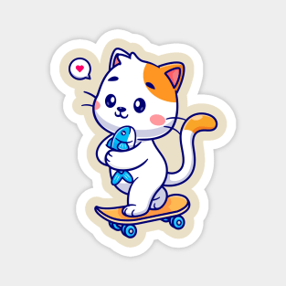 Cute Cat Holding Fish On Skateboard Cartoon Magnet