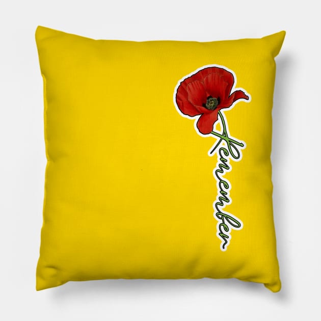 Red Poppy Flower with Memorial Text Stem Horizontal Back Version (MD23Mrl007c) Pillow by Maikell Designs