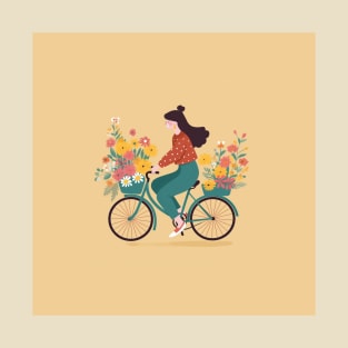 Girl riding a bike with flowers T-Shirt