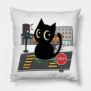 Funny black cat is on a skateboard Pillow