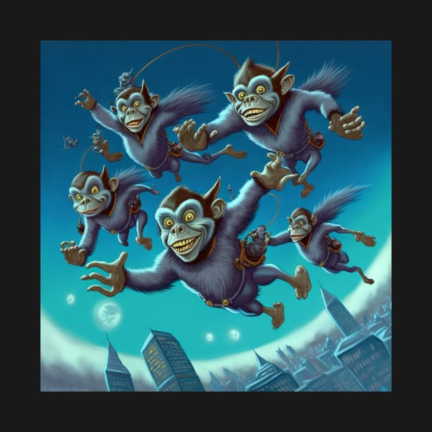 Flying monkeys dressed in blue and soaring over the city. by Liana Campbell