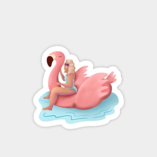 Girl Summer Illustration, Pink Flamingo Floaty Magnet