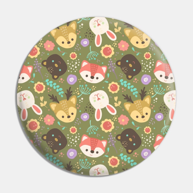 Cute Woodland Animals and Flowers Pattern Pin by julianamotzko