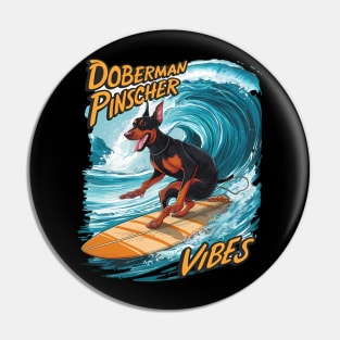 Doberman Pinscher Surfer Riding Tropical Wave Pin