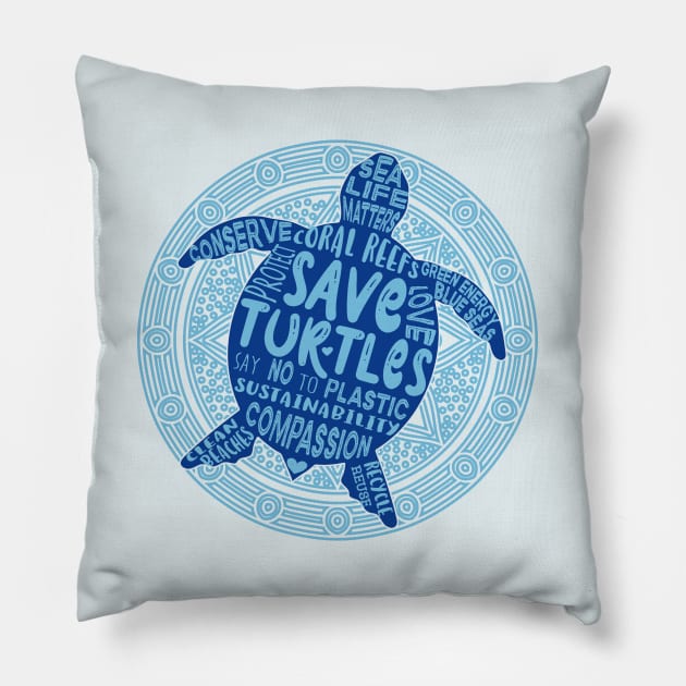 Save the Turtles - Blue Boho Pillow by Jitterfly