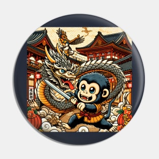 Cute Kawaii Monkey and Dragon Friendship during Edo Pagoda Classic Japanese Pin