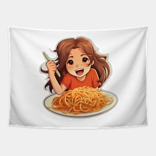 Cute Girl Eating Spaghetti Tapestry