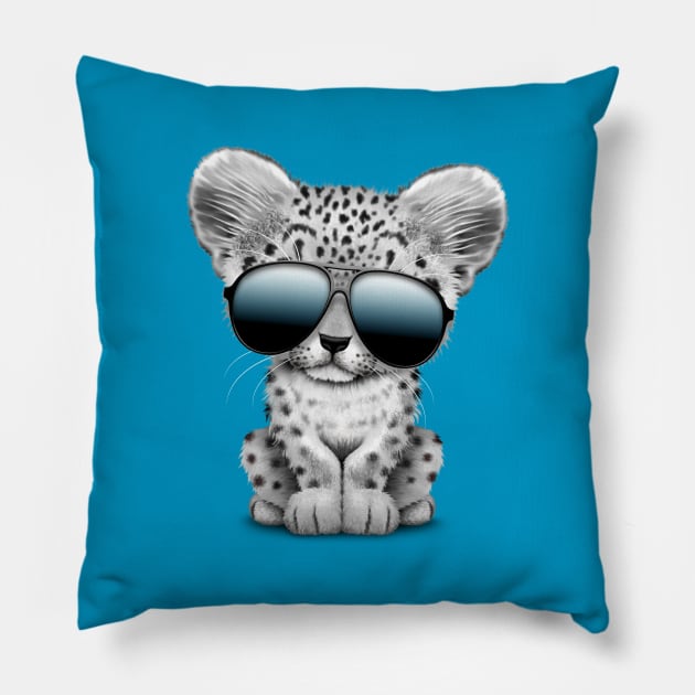 Cute Baby Snow leopard Wearing Sunglasses Pillow by jeffbartels