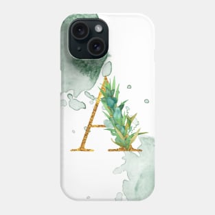 Letter A Gold Monogram with Leaves Green Watercolor Slats Graphic Design Phone Case