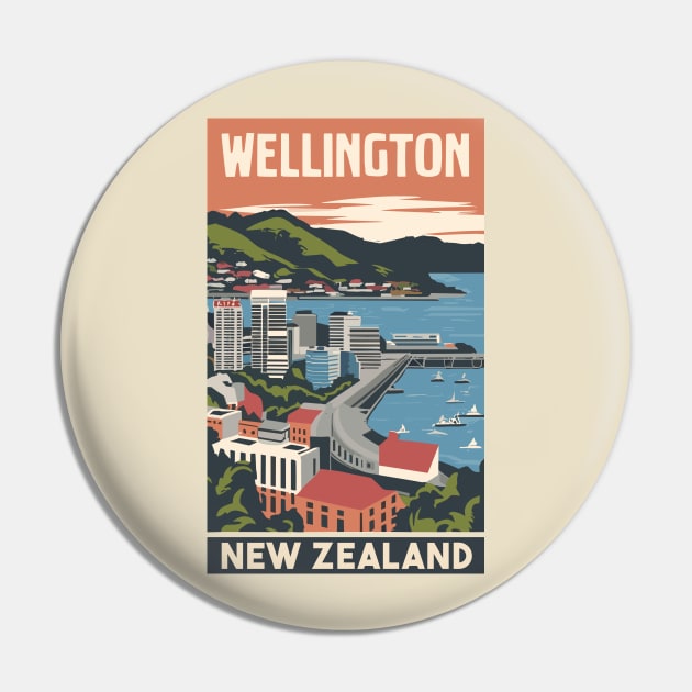 A Vintage Travel Art of Wellington - New Zealand Pin by goodoldvintage