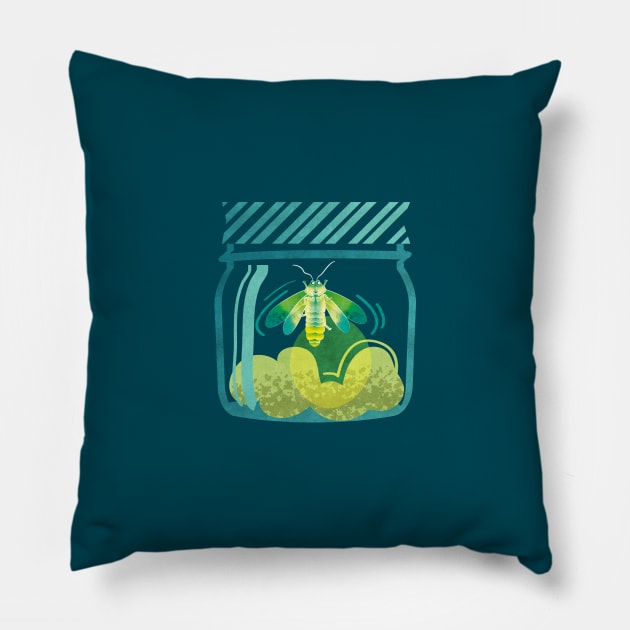 Glowing in the moss // spot illustration // teal background jar with lightning firefly bug quirky whimsical and bioluminescence lampyridae beetle Pillow by SelmaCardoso