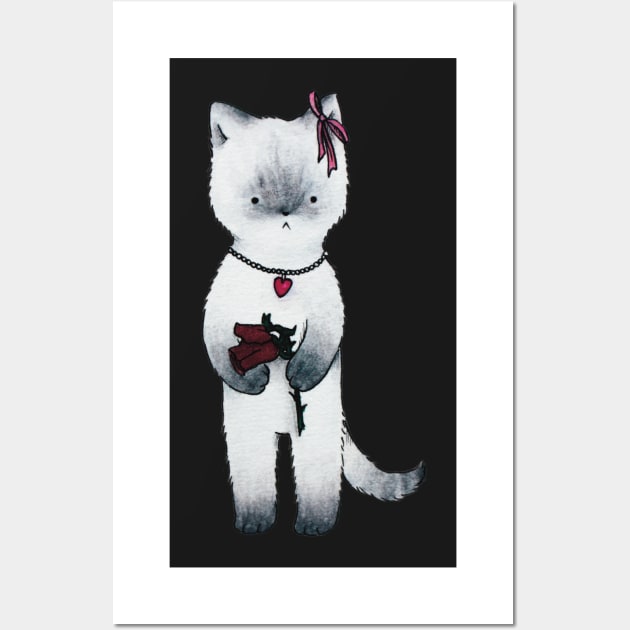 coquette cat illustration valentine&#39;s day wilted rose