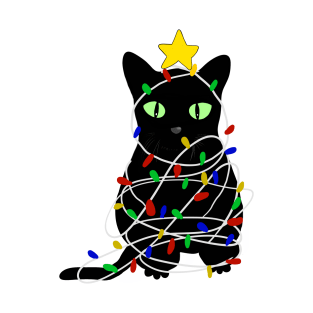 Christmas black kitty with fairy lights and star T-Shirt