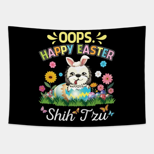 Shih Tzu Dog Bunny Costume Playing Flower Eggs Happy Easter Tapestry by DainaMotteut