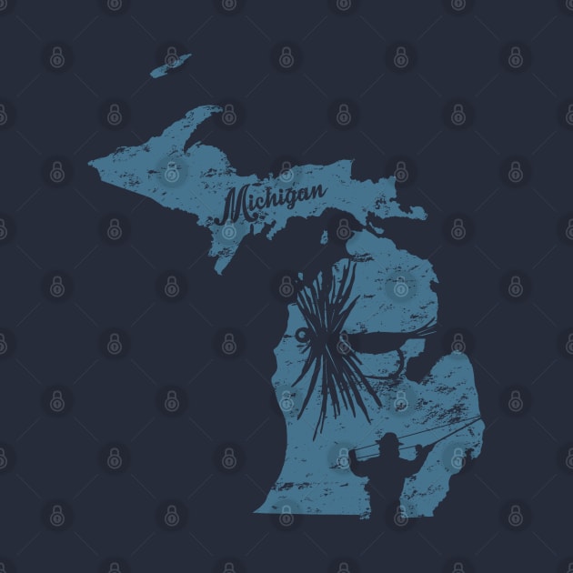 Michigan Distressed Fly Fishing State Map by TeeCreations