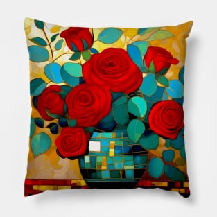 Red Roses and Eucalyptus Leaves in a Geometric Decorative Vase Pillow