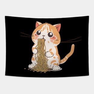 Kawaii Cat Eating Spaghetti Funny Cat Lover Tapestry