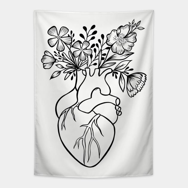 Floral Human Heart Anatomy | Line Art Tapestry by Lizzamour