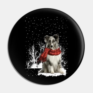 Christmas Shetland Sheepdog With Scarf In Winter Forest Pin