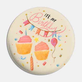 “It’s my birthday!” with bunting, cupcakes, confetti, stars, candles, and hearts Pin