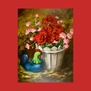 Folk Art Chicken and Flowers Painting T-Shirt