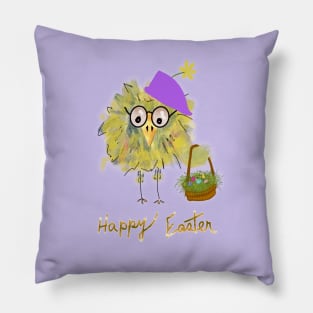 Funny Bird with Easter Basket and Hat - Happy Easter Pillow