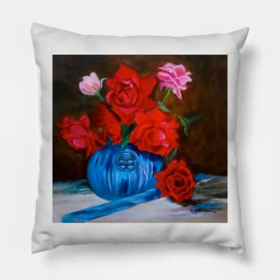 Red Roses in a Blue Vase Pillow