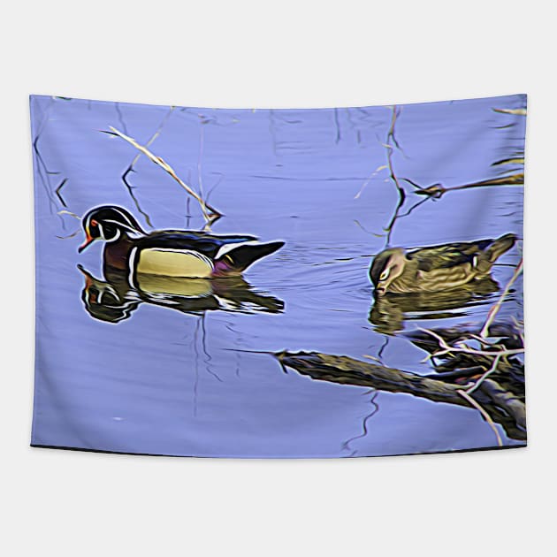 Wood duck mate illustration Tapestry by CanadianWild418