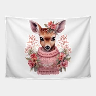 Pink Floral Christmas Deer Tapestry